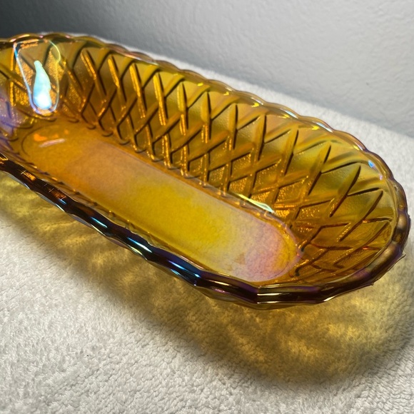 Vintage Indiana Glass Amber Carnival Celery Bread Dish Bowl Basket Weave - Picture 4 of 8
